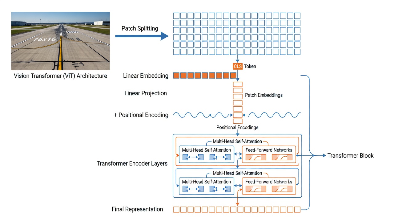 Diagramme d'architecture du Transformateur de Vision montrant l'image divisée en patches 16x16 traités par des blocs transformateur à attention multi-têtes avec jeton CLS et plongements de patch
