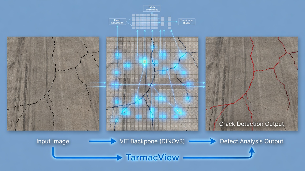 Pipeline d'extraction de caractéristiques DINOv3 de TarmacView pour l'analyse des surfaces d'infrastructure montrant l'image de piste d'entrée, le traitement par Transformateur de Vision, et la superposition de sortie de détection de fissures