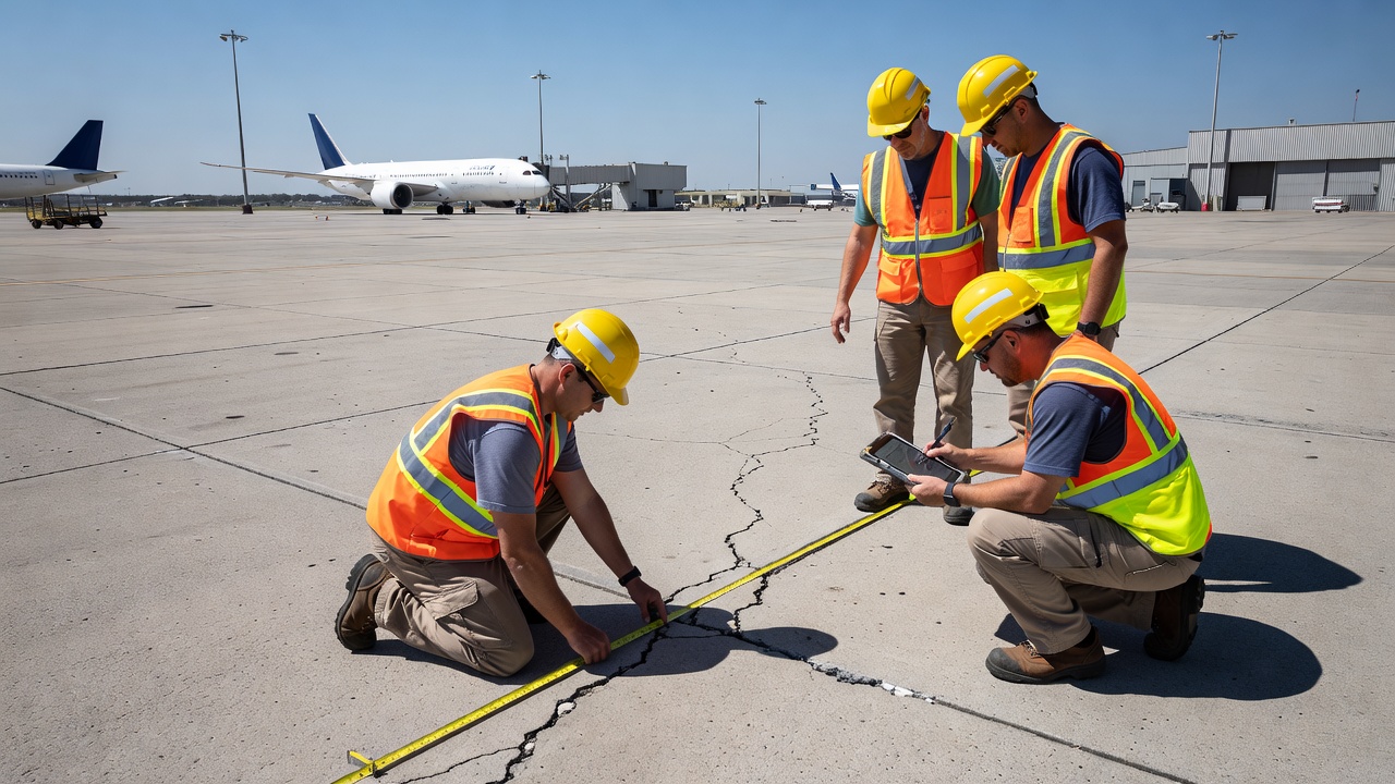 Relevé de l'indice de condition de chaussée sur une aire de trafic en béton d'aéroport avec mètre ruban et outils d'inspection