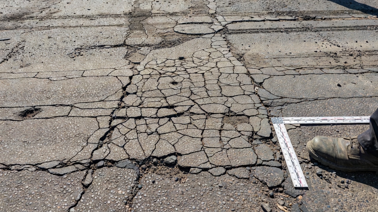 Gros plan d'une chaussée en enrobé montrant plusieurs types de dégradations incluant la fissuration en carrelage et le désenrobage avec une échelle de mesure