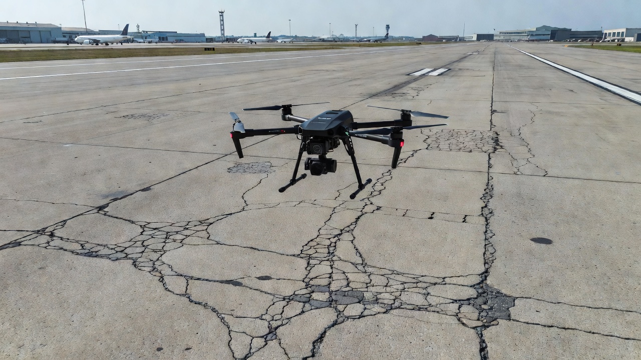 Drone effectuant une inspection automatisée des dégradations de chaussée survolant à basse altitude une piste d'aéroport avec une caméra haute résolution