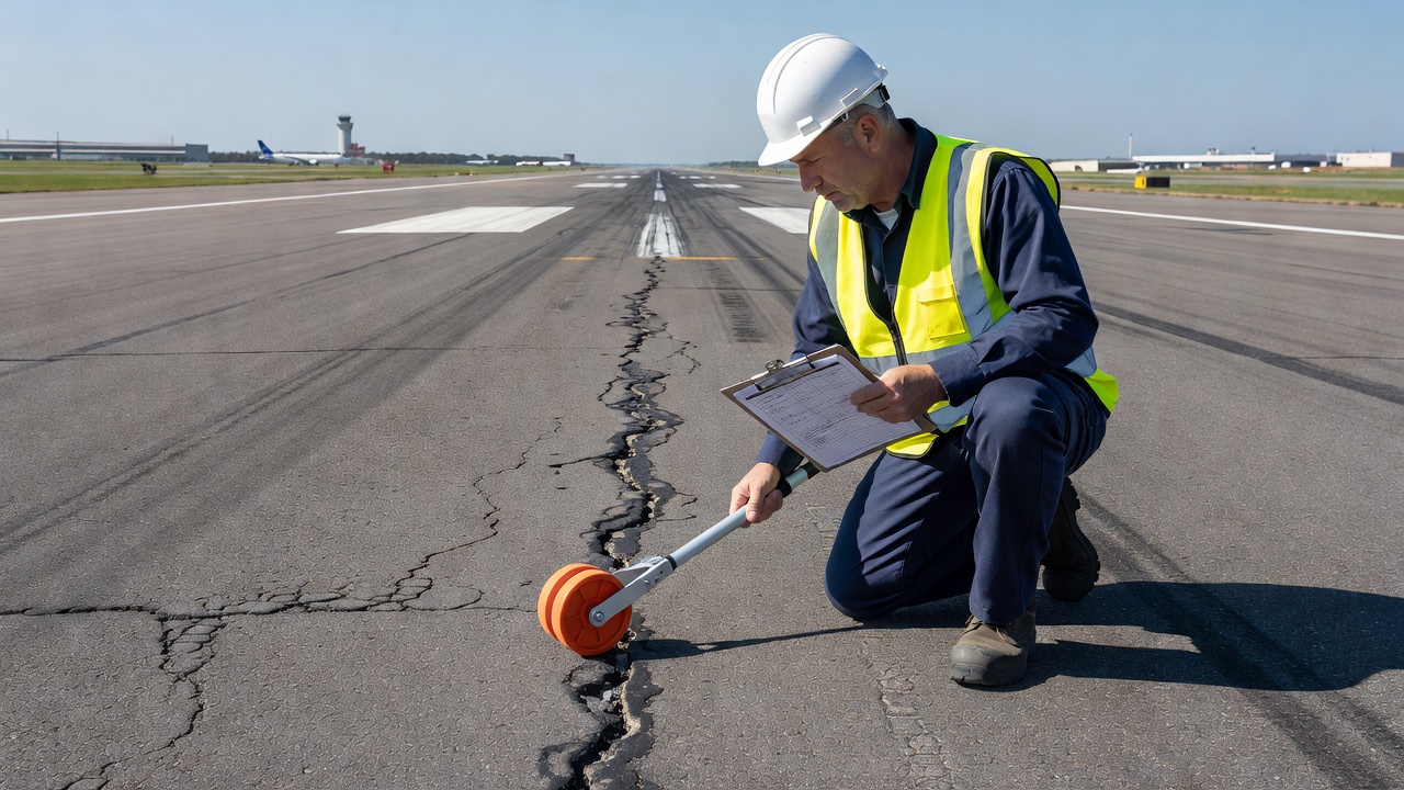 Ingénieur civil réalisant une inspection manuelle des dégradations de chaussée sur une piste d'aéroport, mesurant les fissures avec une roue de mesure
