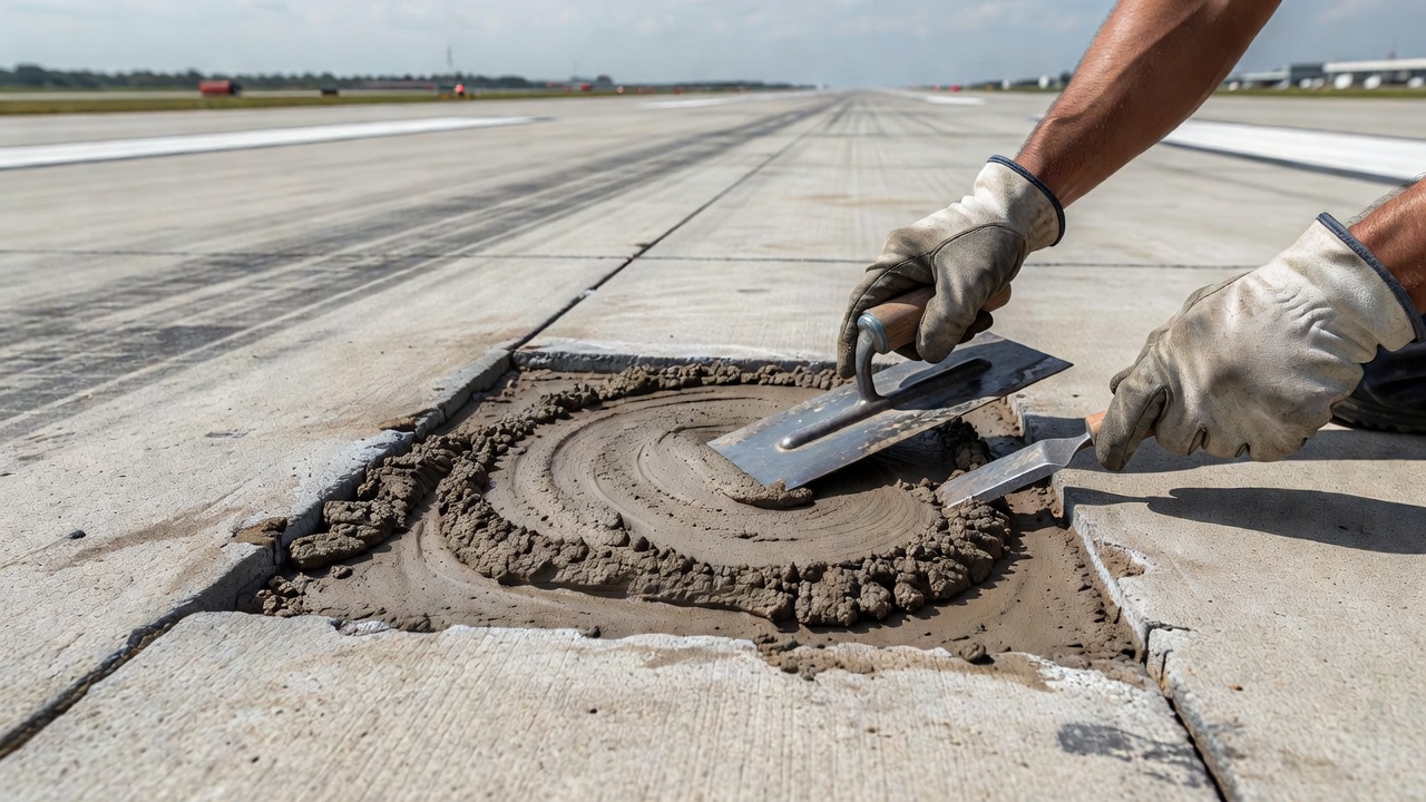 Réparation d'éclat de chaussée aéroportuaire en béton avec bords sciés et mortier de bourrage à sec mis en place à la main