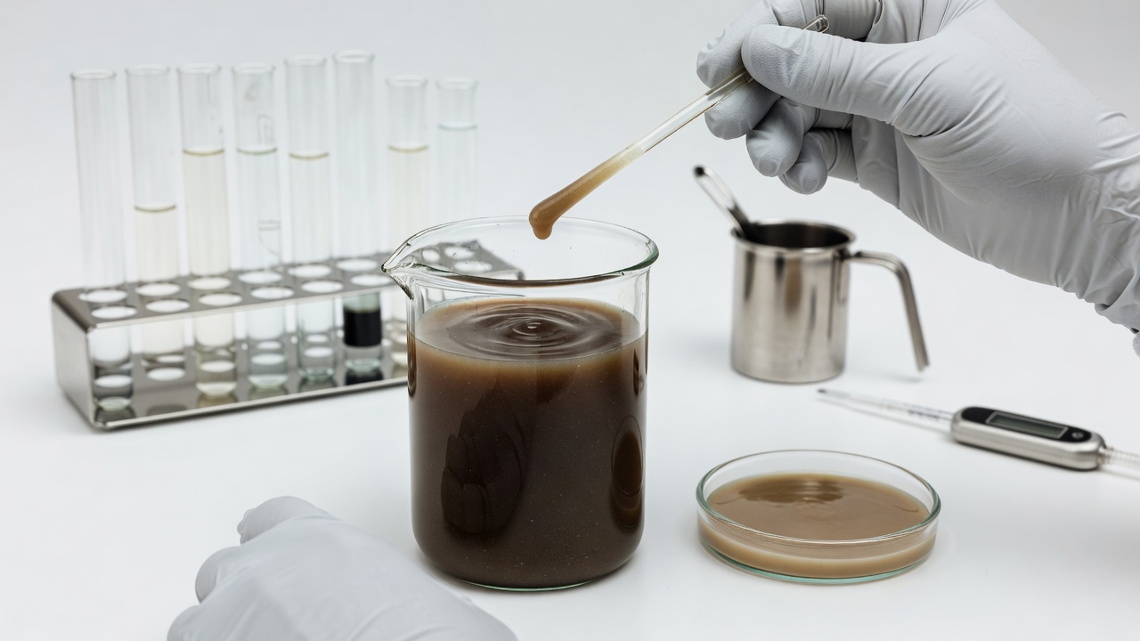 Test en laboratoire d'un échantillon d'émulsion d'asphalte dans un bécher en verre