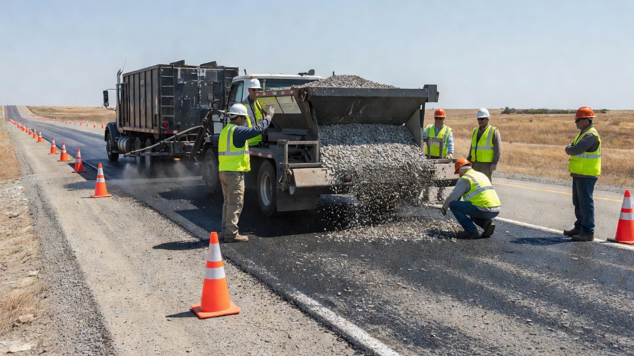 Application d'émulsion d'asphalte sur une surface routière à l'aide d'un camion-citerne de pulvérisation lors d'une opération de couche d'accrochage