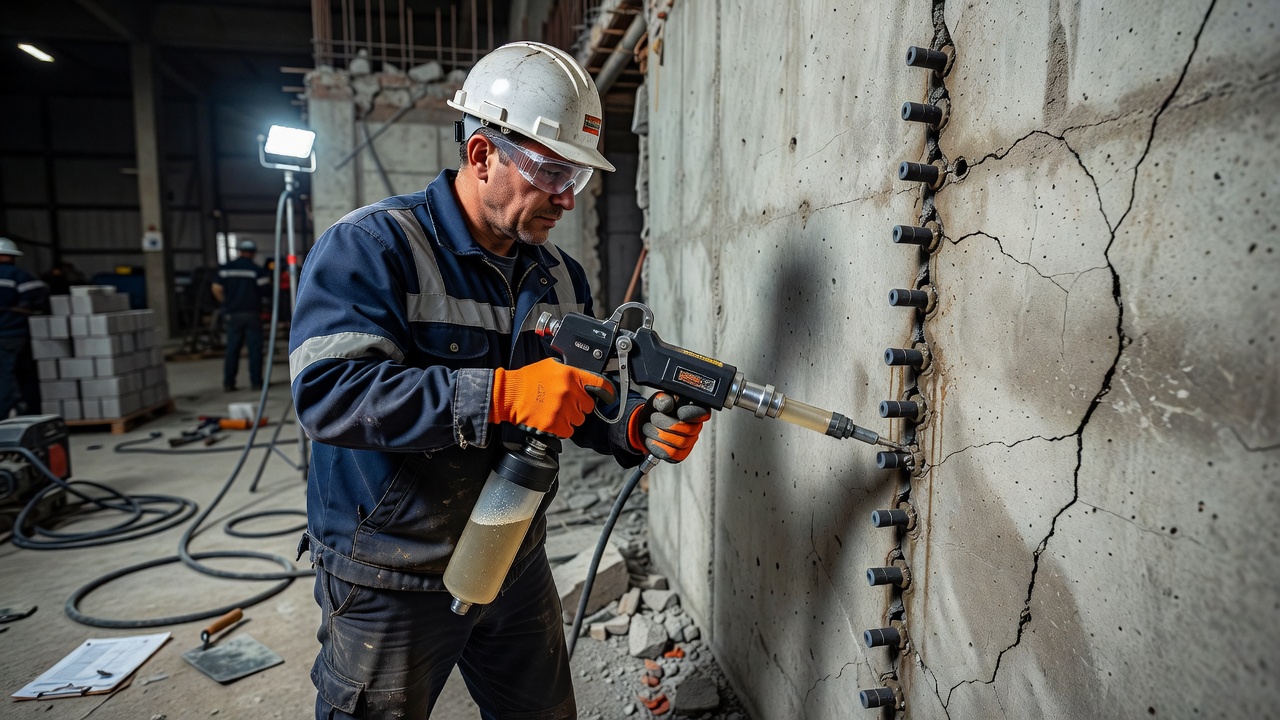 Ouvrier effectuant une injection d'époxy sur une fissure de mur en béton à l'aide d'un pistolet d'injection manuel