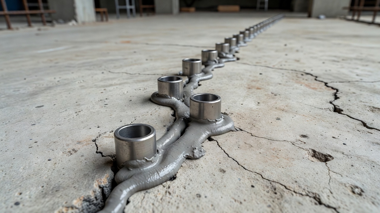 Gros plan de ports d'injection d'époxy installés le long d'une fissure de béton avec un capuchon d'étanchéité