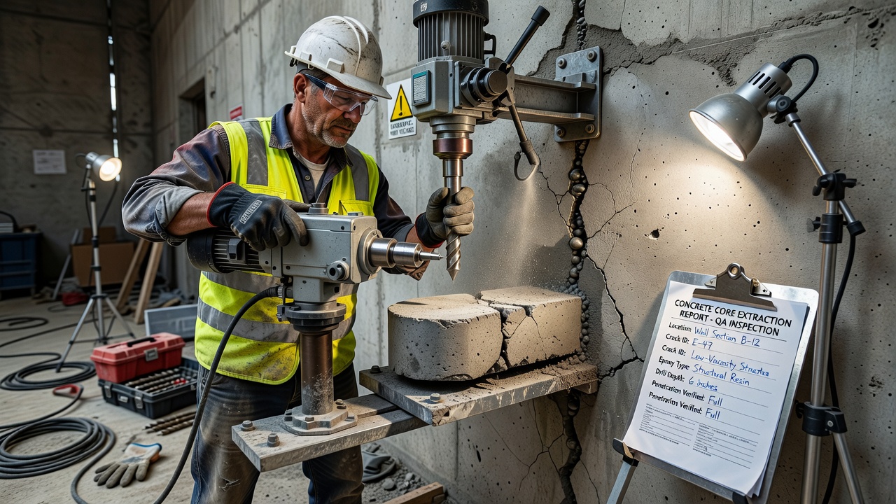 Carotte de béton extraite d'une fissure injectée à l'époxy pour inspection d'assurance qualité