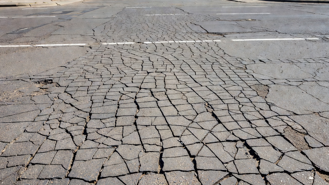 Fissuration par fatigue sévère en peau de crocodile sur la surface d'une chaussée bitumineuse montrant un réseau de fissures interconnectées ressemblant à une peau d'alligator