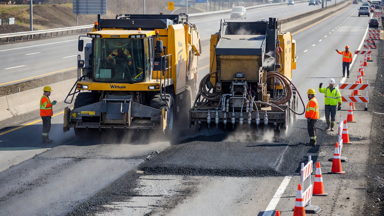 Train de recyclage en place à froid Wirtgen sur un chantier routier avec fraiseuse, concasseur et recycleuse d'asphalte moussé travaillant en une seule passe produisant un matériau de fondation stabilisé