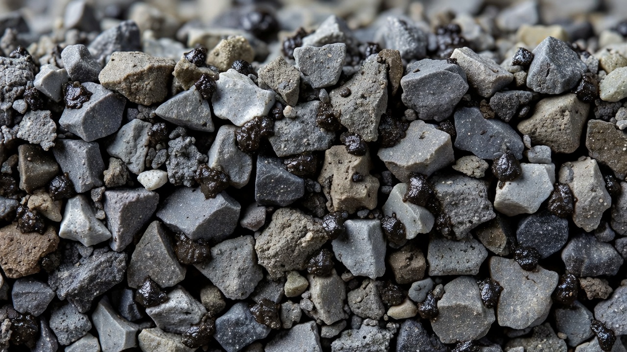 Vue en coupe transversale d'un matériau de fondation traité à l'asphalte moussé compacté montrant le mécanisme de liaison par points de soudure avec du bitume foncé aux points de contact des particules de granulats dans une couche de chaussée