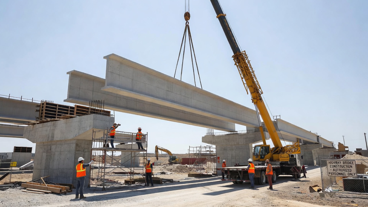 Poutres en I en béton précontraint installées sur des culées de pont par grue lors de la construction d'un pont autoroutier