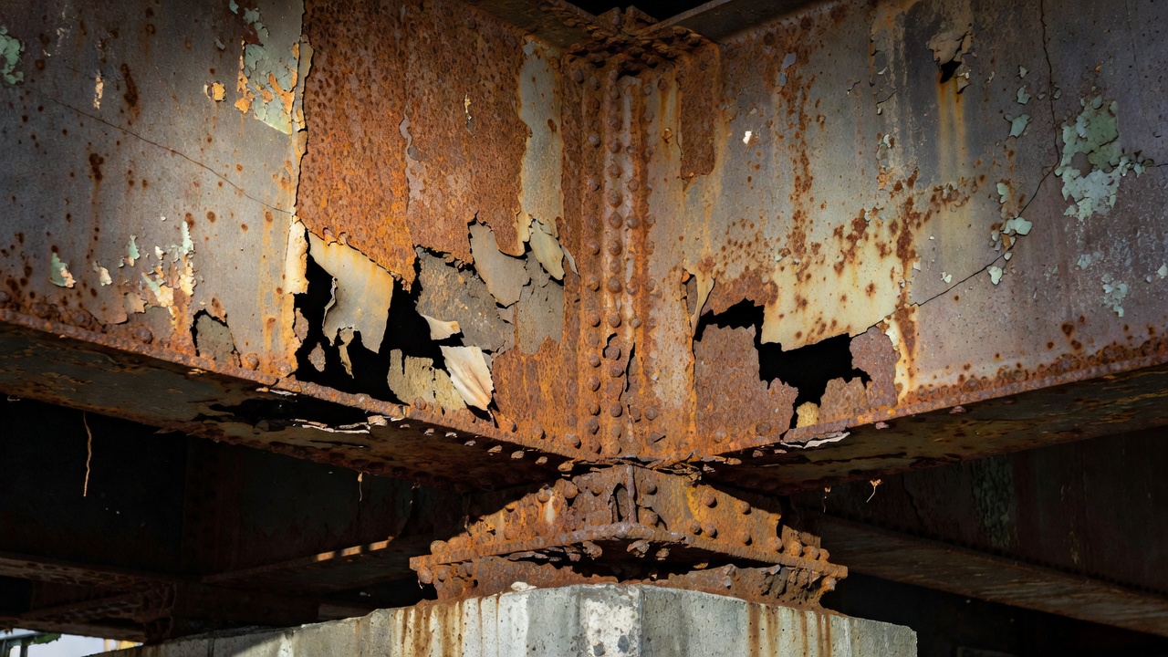 Gros plan d'une poutre de pont en acier corrodée avec rouille et perte de section à l'emplacement de l'appui, montrant une corrosion sévère sur la semelle de poutre en acier