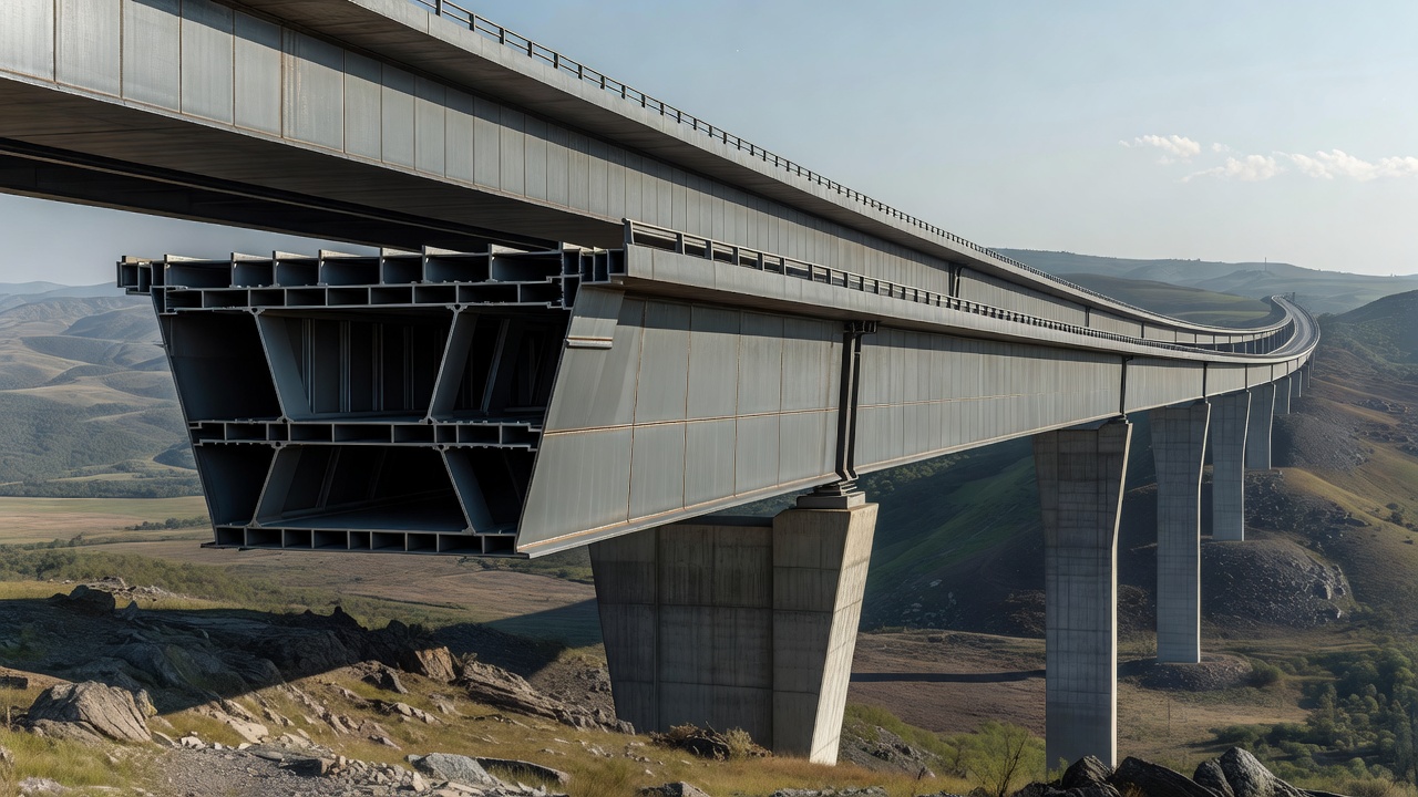 Section transversale de pont à poutre caisson en acier montrant une grande forme de caisson trapézoïdal fermé, pont autoroutier courbe dans le paysage