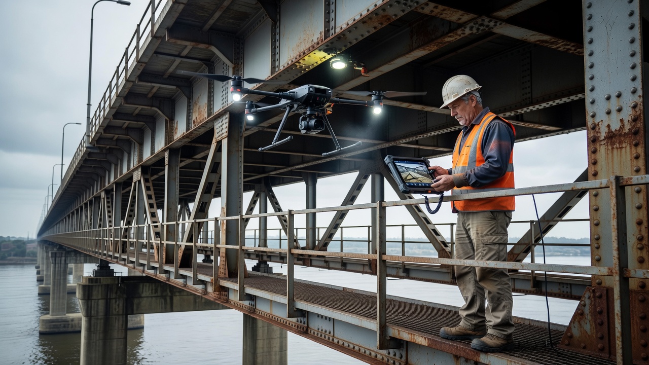 Inspecteur de pont utilisant un drone pour examiner la superstructure de pont à poutres en acier, UAV volant sous le tablier du pont pour l'inspection des poutres