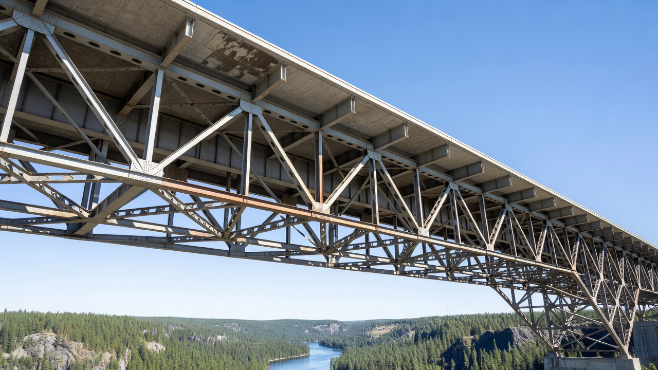 Plusieurs poutres en I de pont en acier enjambant une vallée, montrant des poutres parallèles avec des contreventements transversaux et un tablier en béton au-dessus