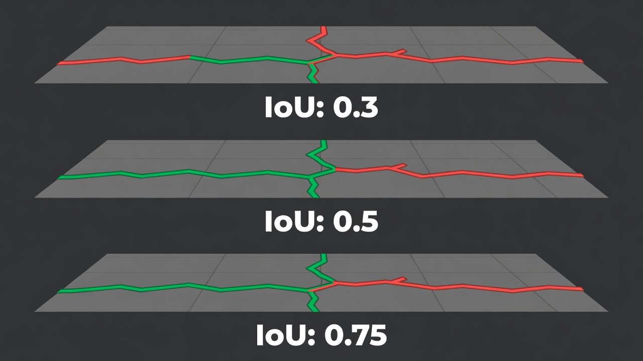 Comparaison technique de trois scores IoU 0,3, 0,5 et 0,75 pour la détection de fissures sur chaussée avec la vérité terrain en vert et la prédiction en rouge