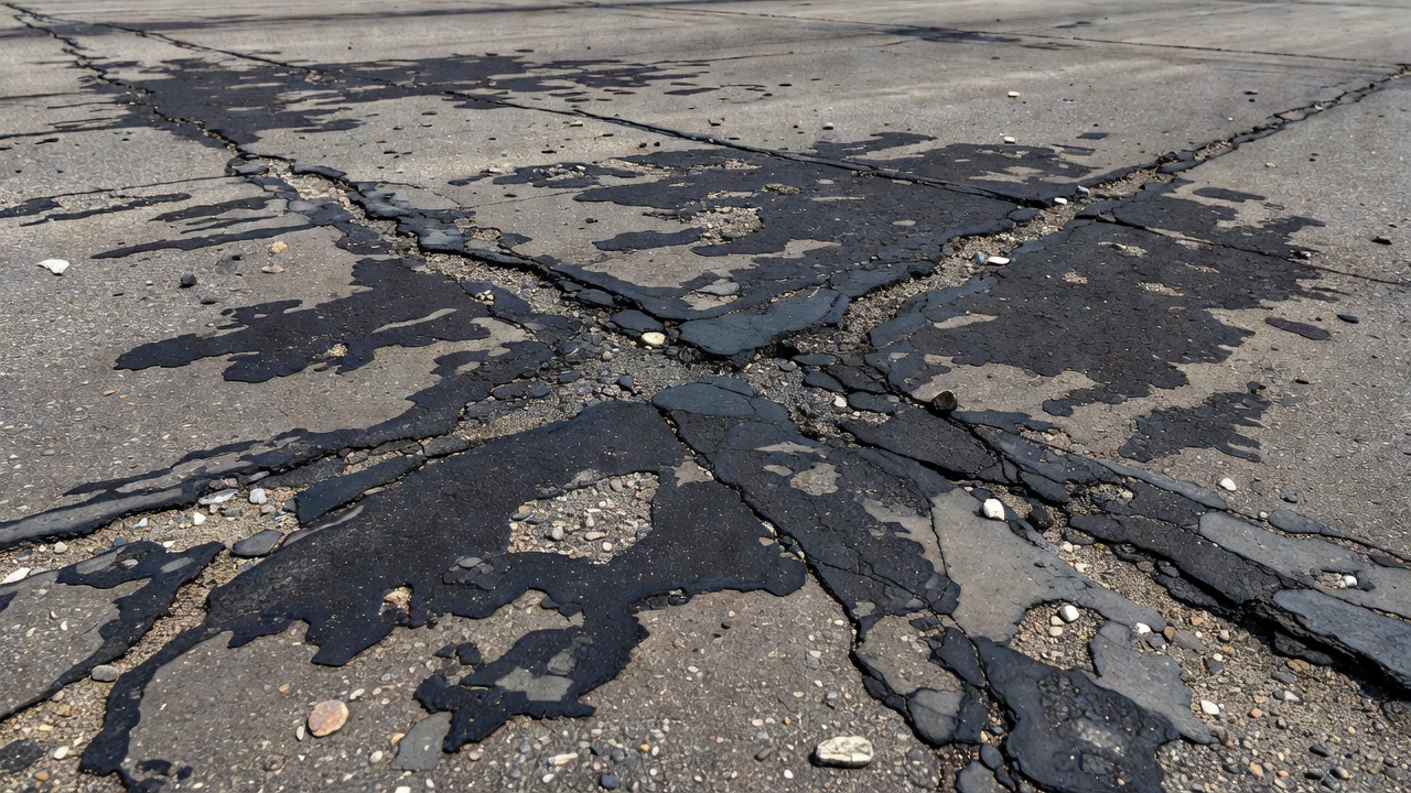 Gros plan d'une surface de chaussée aéroportuaire montrant des dommages d'érosion par jet blast avec du liant brûlé assombri, des granulats désenrobés et des fissures de surface