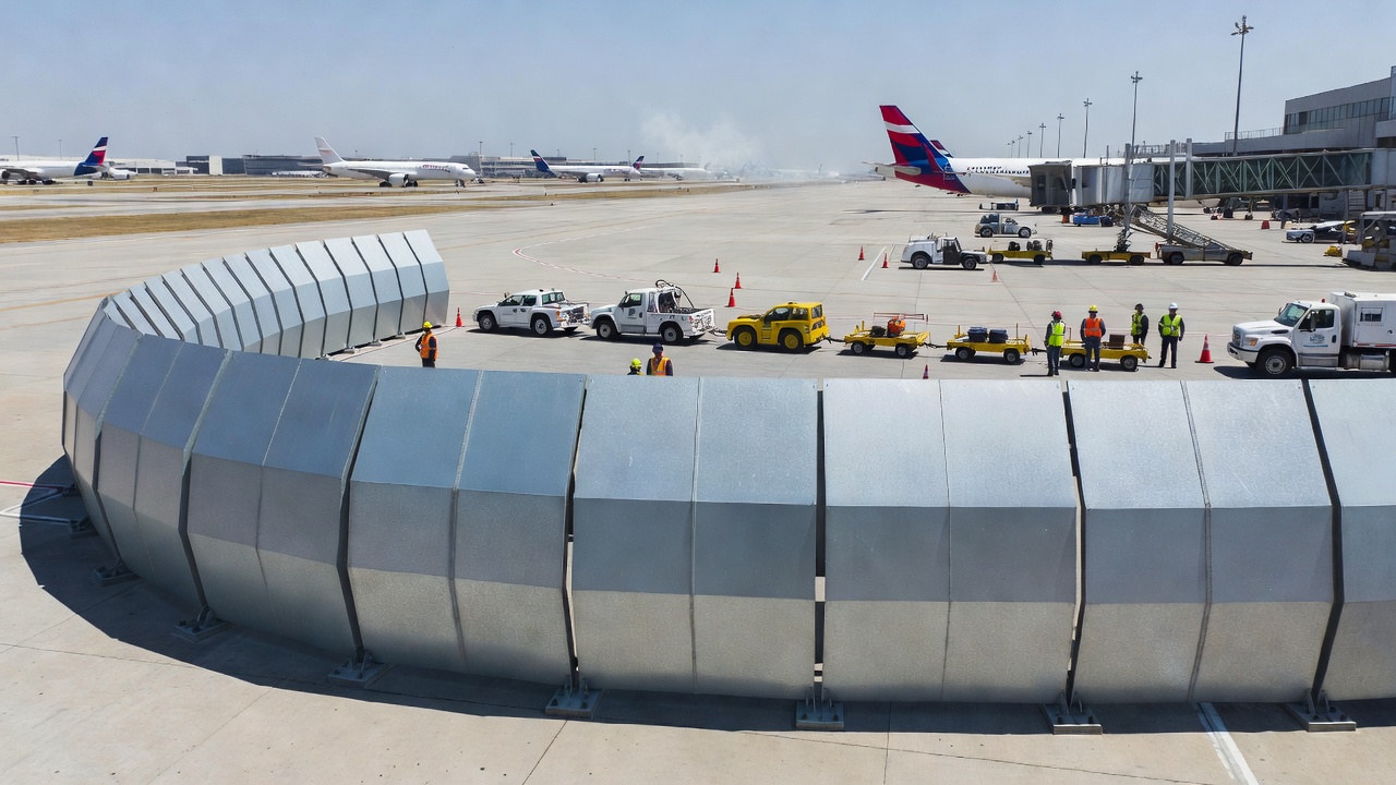 Barrière déflectrice de souffle en acier lourd pour jet à l'aéroport protégeant le personnel au sol et les équipements