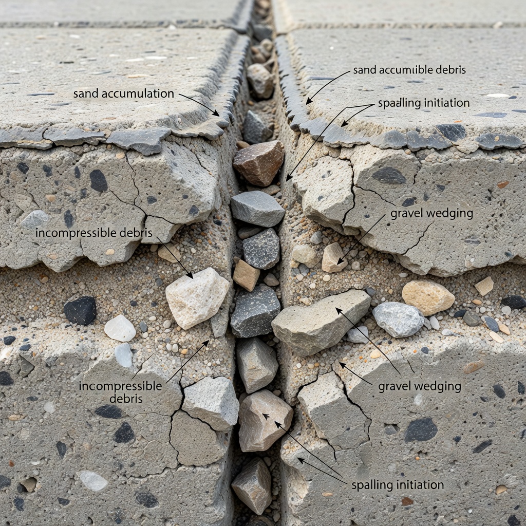 Vue en coupe d'un joint de chaussée en béton montrant l'accumulation de débris et l'initiation de l'éclatement du bord causé par l'intrusion de matériaux incompressibles