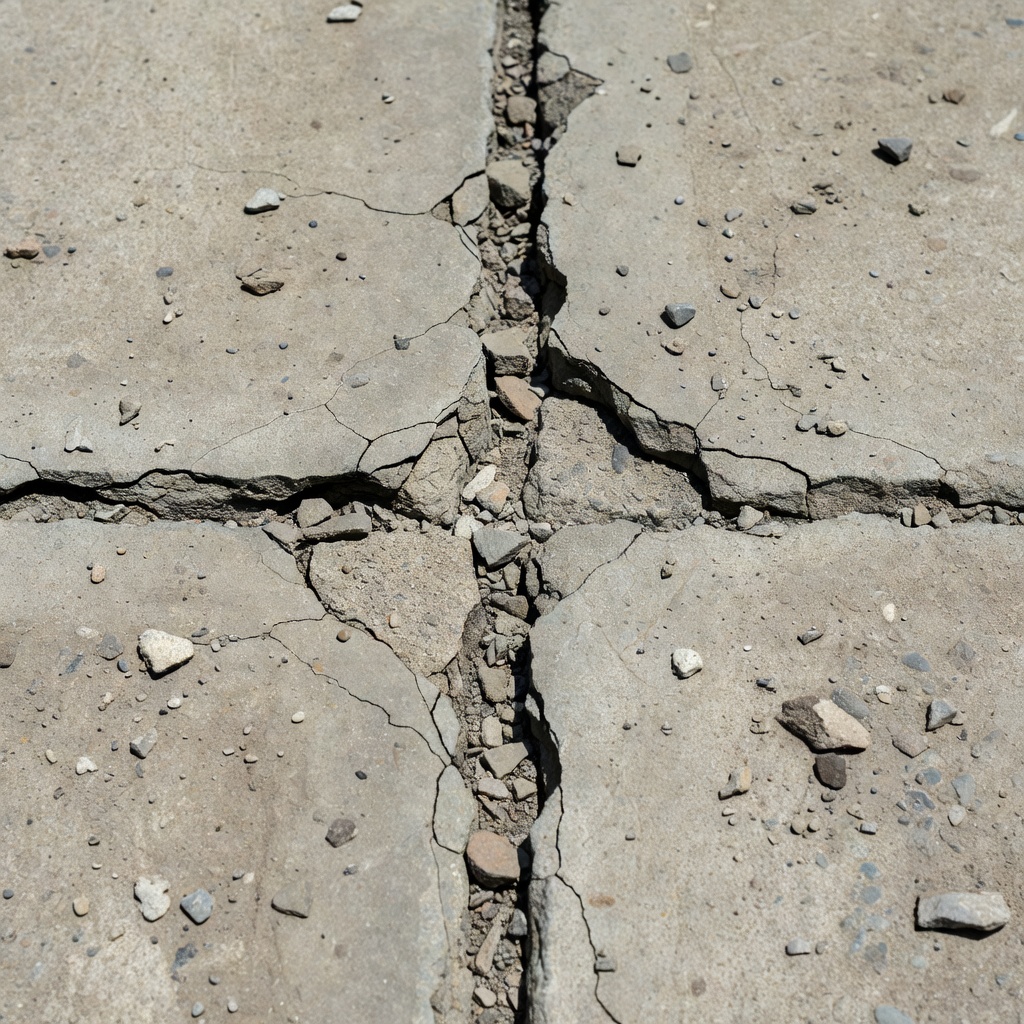 Photographie en gros plan d'un éclatement de joint sur un joint transversal de chaussée en béton montrant des bords de dalle écaillés et brisés avec des granulats visibles