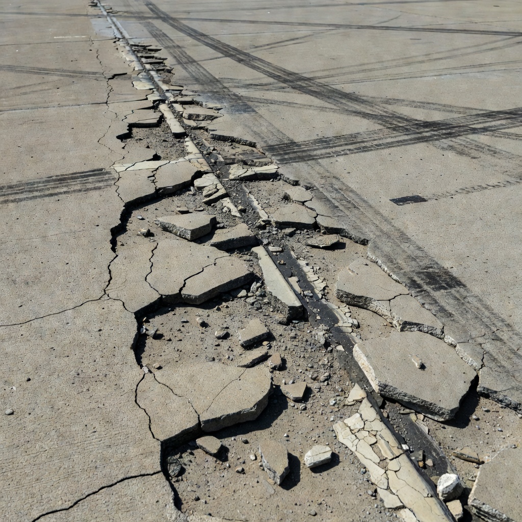 Éclatement sévère d'un joint sur une piste aéroportuaire en béton avec de gros fragments brisés, des pièces manquantes et un produit de scellement détérioré créant un risque de FOD