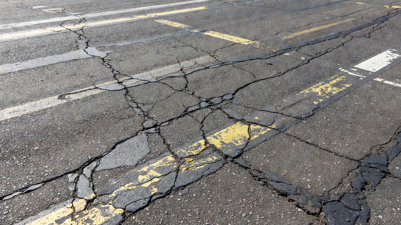 Nahaufnahme einer Asphalt-Startbahnoberfläche mit sichtbaren Rissmustern und Ausbröckelung bei einem PCI von etwa 70