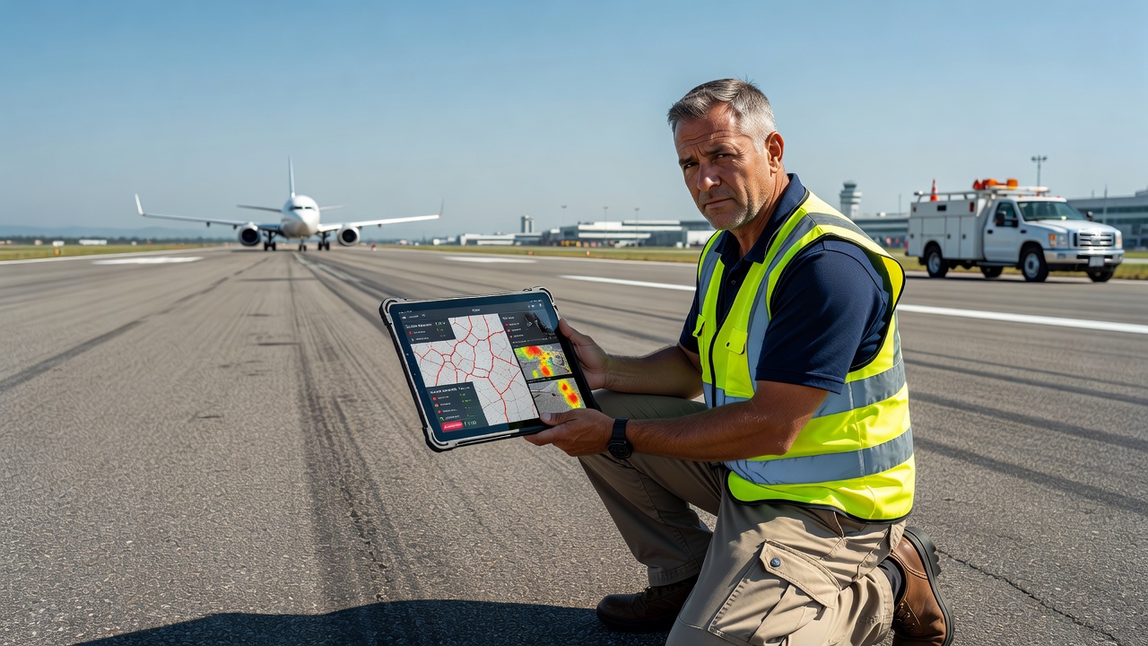 Inspection engineer using tablet computer with AI classification software analyzing airport runway pavement surface for cracks and damage