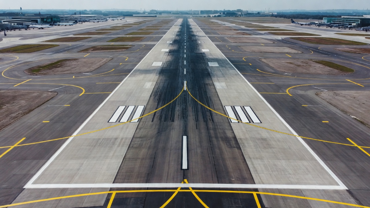 Vue aérienne d'une piste d'aéroport commercial avec des marquages de bord nets et la pleine largeur de piste visible