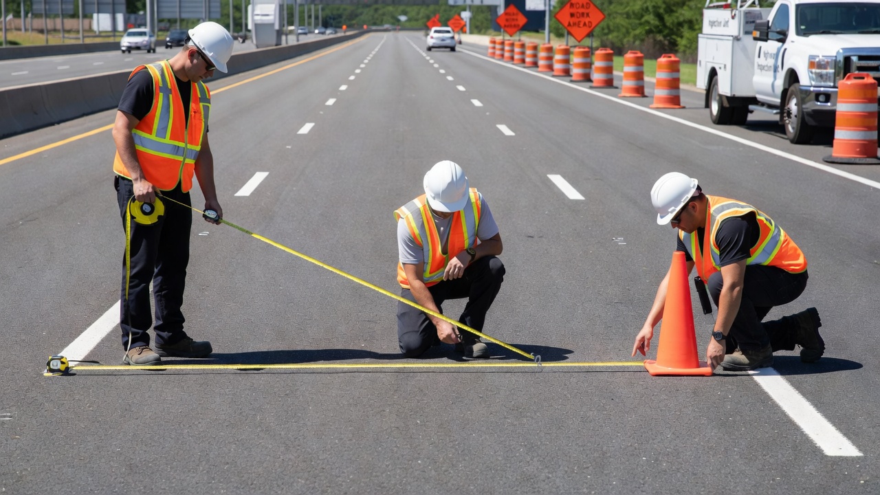 Ingénieurs civils mesurant la largeur d'une voie routière à l'aide d'un mètre ruban sur une surface d'autoroute en asphalte, portant des gilets de sécurité