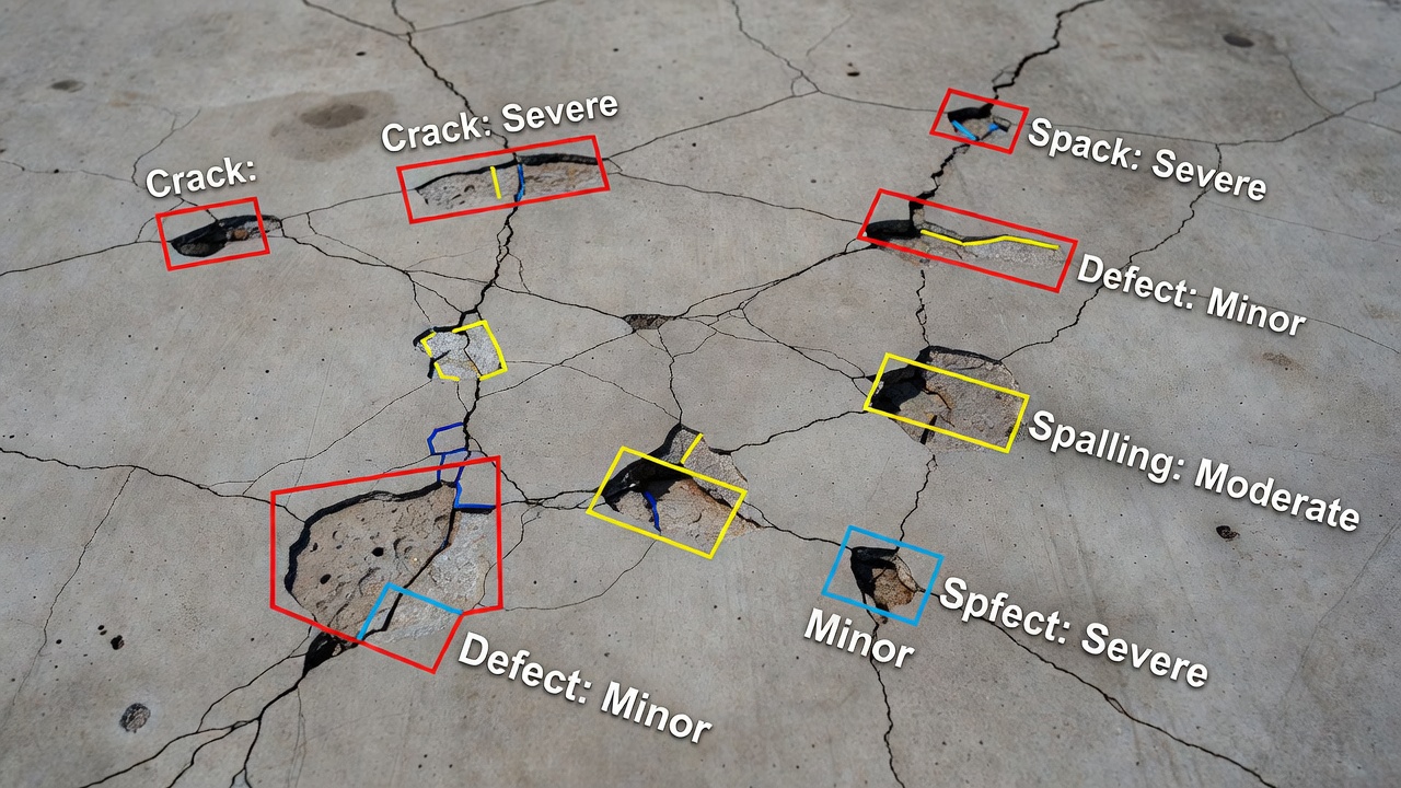 Surface de tablier de pont en béton avec de multiples fissures et défauts d'éclatement marqués par des boîtes englobantes colorées et des étiquettes de détection