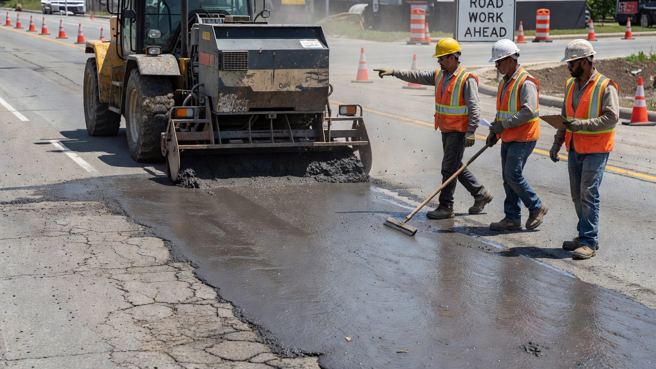 Application de slurry seal sur une surface de chaussée asphaltique à l'aide d'une machine spécialisée avec boîte de répandage et équipe de construction