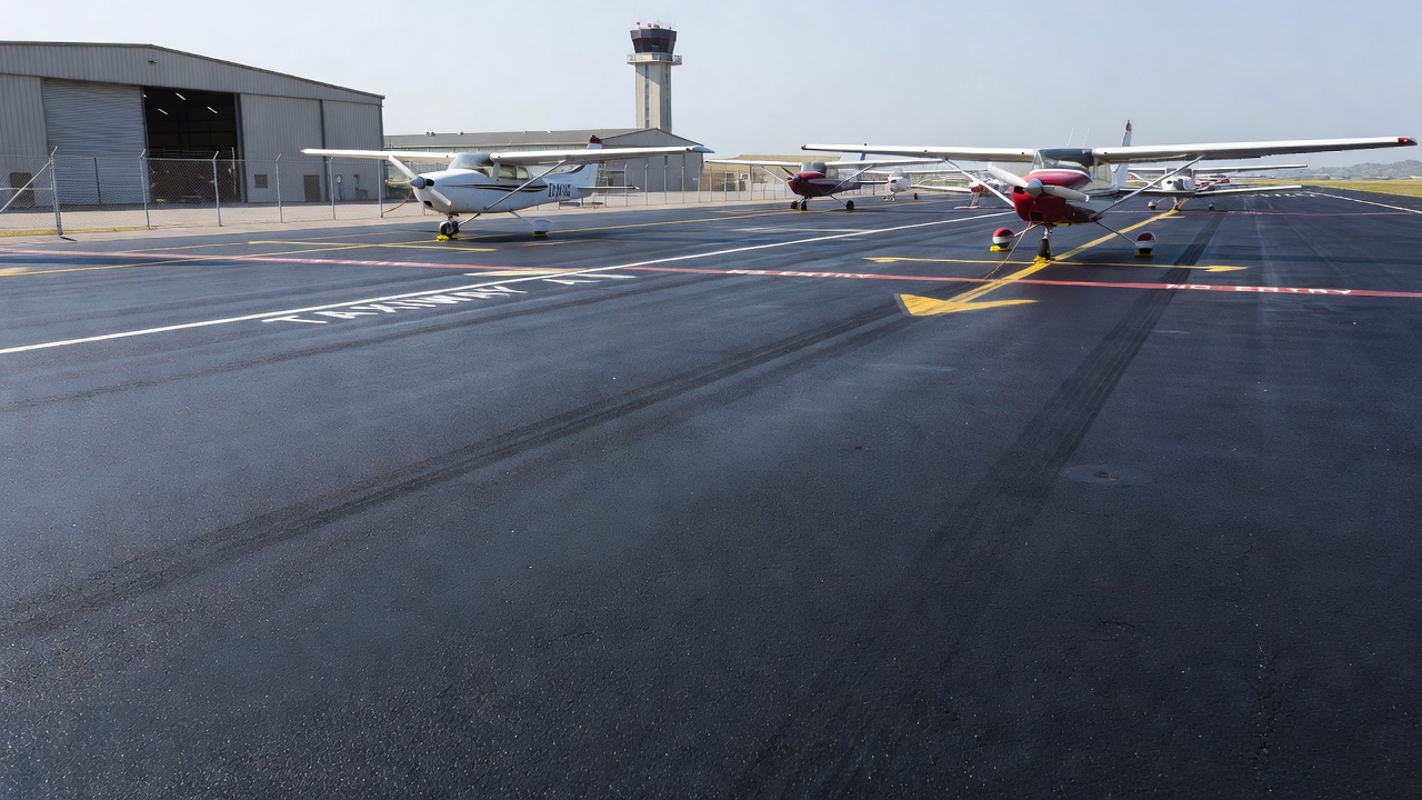Aire de trafic aéroportuaire avec traitement de surface par slurry seal appliqué à la chaussée, petit aéronef en arrière-plan