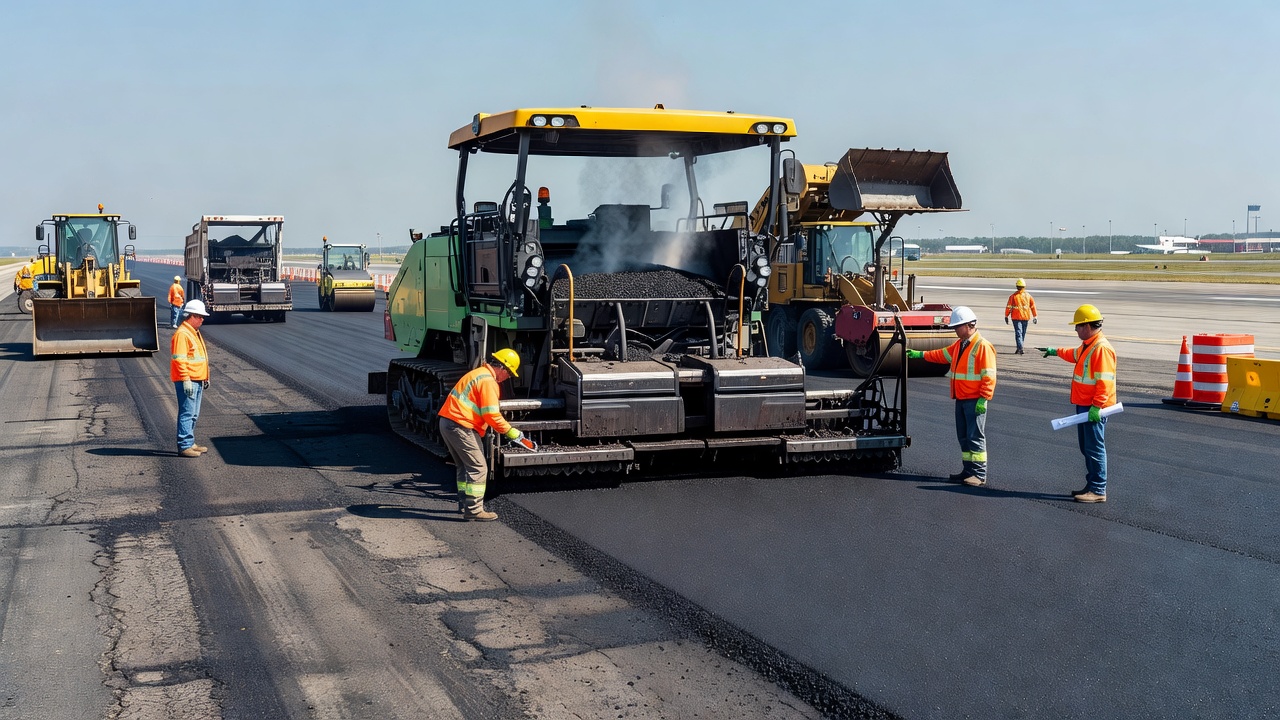 Finisseur d'enrobé posant une nouvelle surface bitumineuse sur un projet de reconstruction de piste aéroportuaire, enrobé bitumineux à chaud fraîchement posé avec de lourds engins de construction