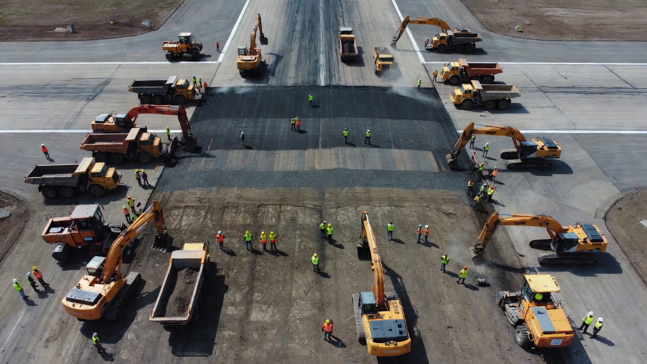 Vue aérienne d'un projet de reconstruction de piste aéroportuaire montrant l'enlèvement de chaussée sur toute l'épaisseur avec de lourds engins de construction, excavatrices, camions à benne et fraiseuses routières