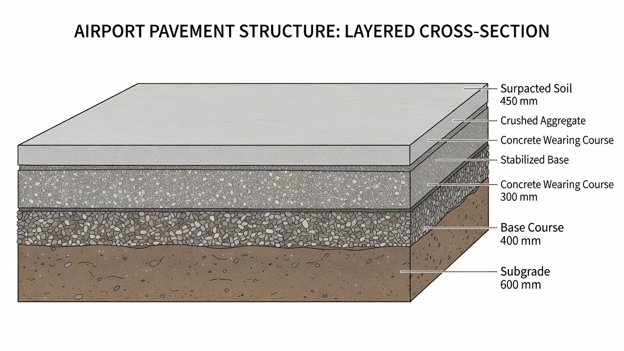 Vue en coupe transversale de la structure d'une chaussée aéroportuaire montrant la plateforme support, la couche de fondation, la sous-fondation et les couches de surface avec des mesures d'épaisseur dans une tranchée