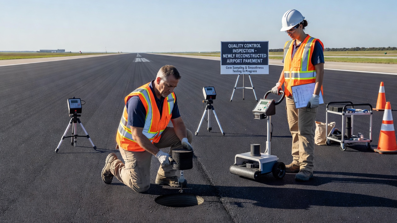 Inspection du contrôle qualité d'une chaussée aéroportuaire nouvellement reconstruite, ingénieur prélevant une carotte dans une piste en asphalte frais, technicien avec équipement de test mesurant la planéité