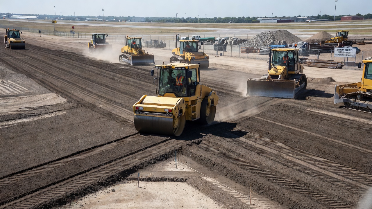 Engins de construction lourds compactant le sol de la plateforme support pour la reconstruction d'une piste aéroportuaire, gros rouleau compacteur vibrant travaillant sur une fondation de sol préparée