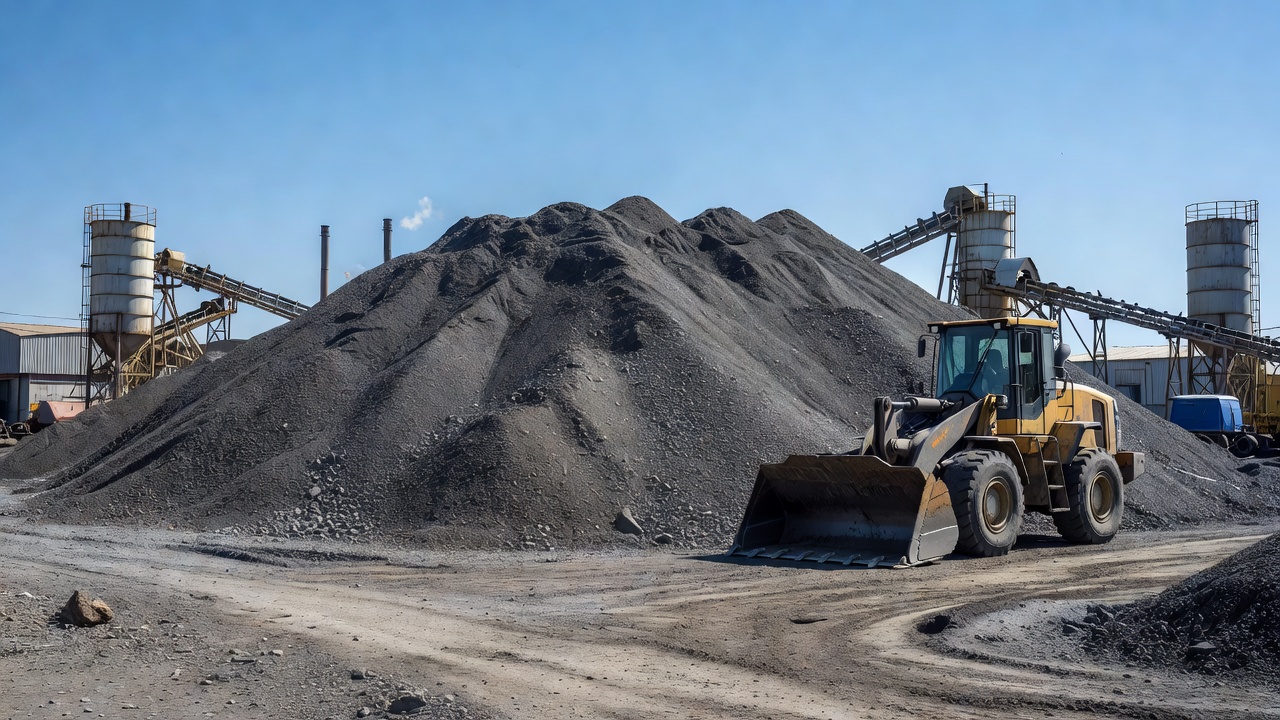 Grand stock de revêtement bitumineux recyclé (RAP) dans une centrale d'enrobage avec engins lourds à proximité
