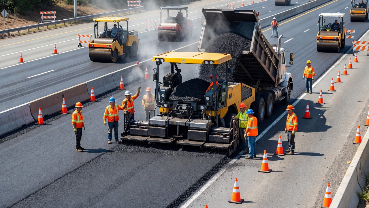 Équipe de pose d'enrobé mettant en place un enrobé à chaud contenant du RAP sur une autoroute avec une machine de pavage, des camions à benne et des rouleaux compresseurs