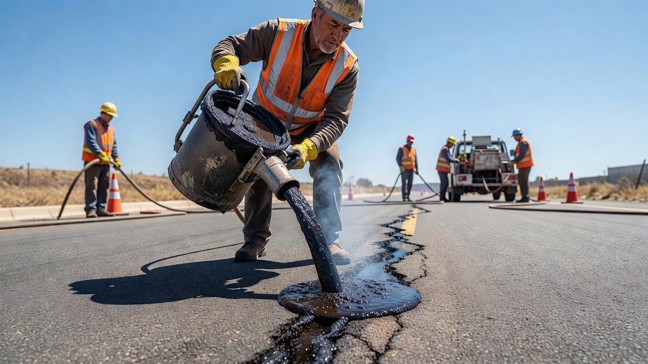 Ouvrier appliquant un produit d'étanchéité caoutchouté à chaud pour fissures dans un réservoir routé à l'aide d'un pot verseur sur une route en enrobé bitumineux