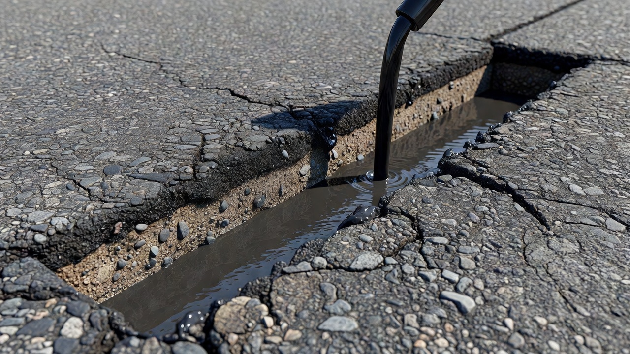Coupe transversale en gros plan d'un réservoir de fissure rectangulaire correctement routé avec une largeur et une profondeur uniformes dans une chaussée en enrobé bitumineux