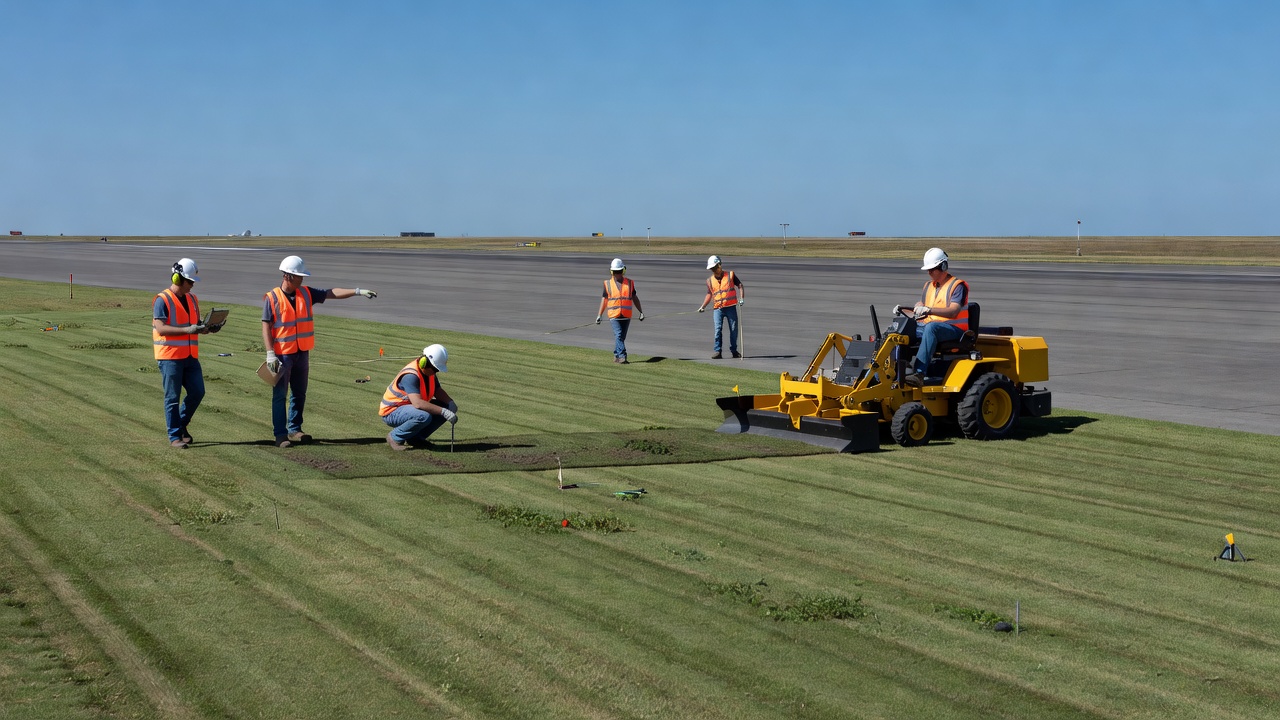 Airport maintenance crew performing grading and turf inspection on a runway end safety area