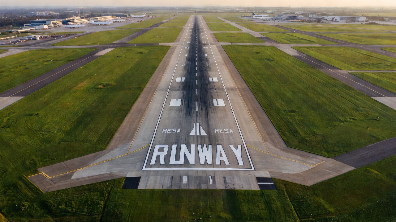 Aerial view of a graded runway end safety area (RESA) extending beyond runway pavement at an international airport