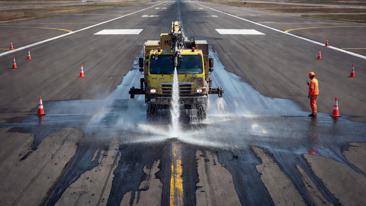 Équipement de décapage par jet d'eau à haute pression éliminant les dépôts de gomme de la zone de toucher des roues d'une piste