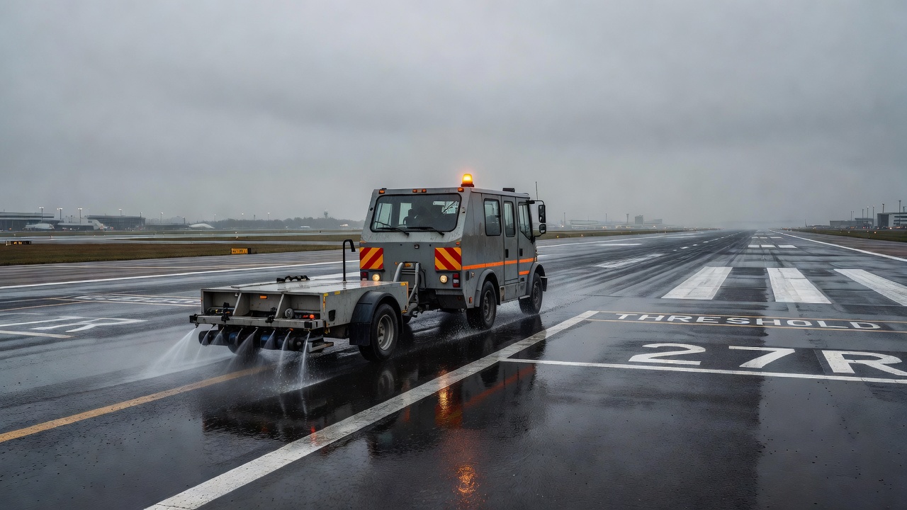 Véhicule d'équipement de mesure continue de la friction effectuant des essais de friction sur une piste d'aéroport mouillée