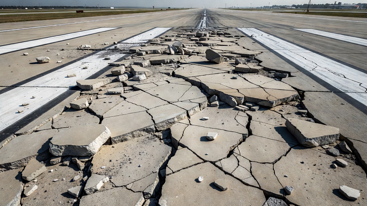 Chaussée en béton de piste d'aéroport avec dalle sévèrement fracturée montrant de multiples fragments de béton créant un danger FOD sur la surface de la piste