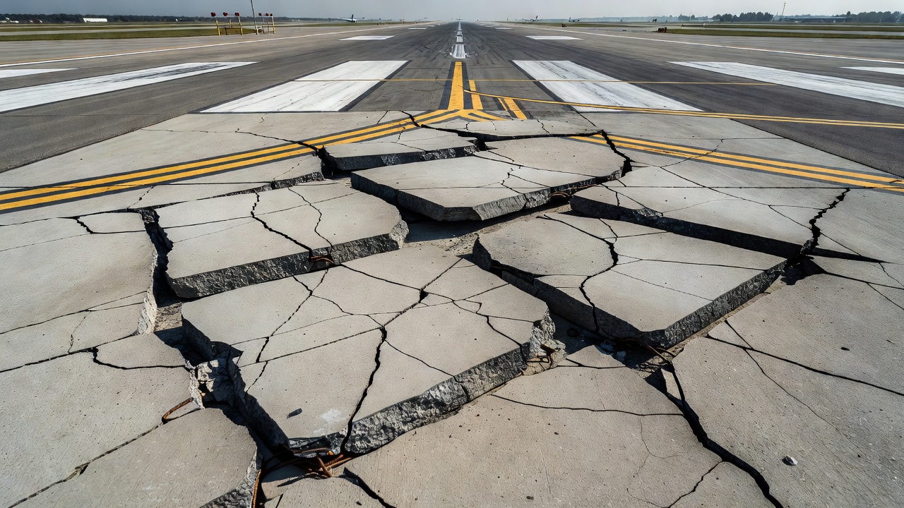 Photographie en gros plan d'une dalle de chaussée en béton fracturée sur une piste d'aéroport avec des fissures entrecroisées divisant la dalle en multiples morceaux