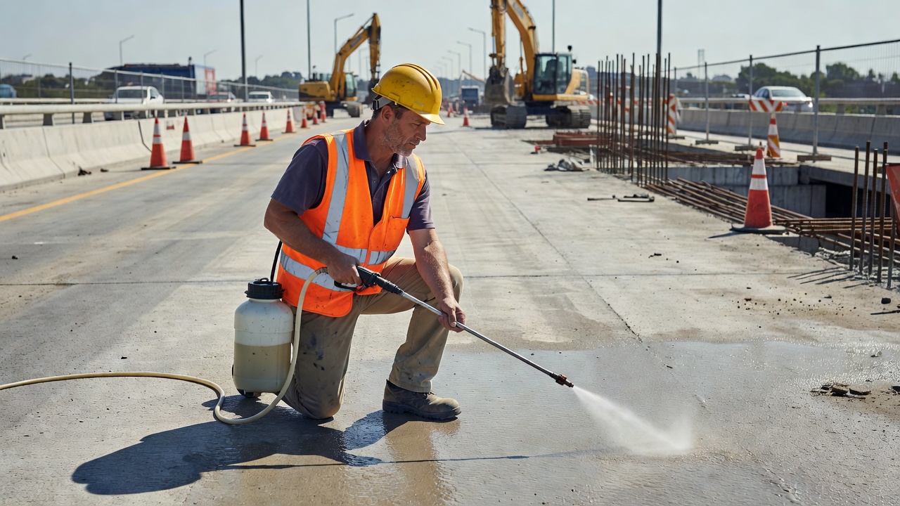Ouvrier du bâtiment appliquant un produit d'étanchéité au silane sur un tablier de pont en béton à l'aide d'un pulvérisateur basse pression