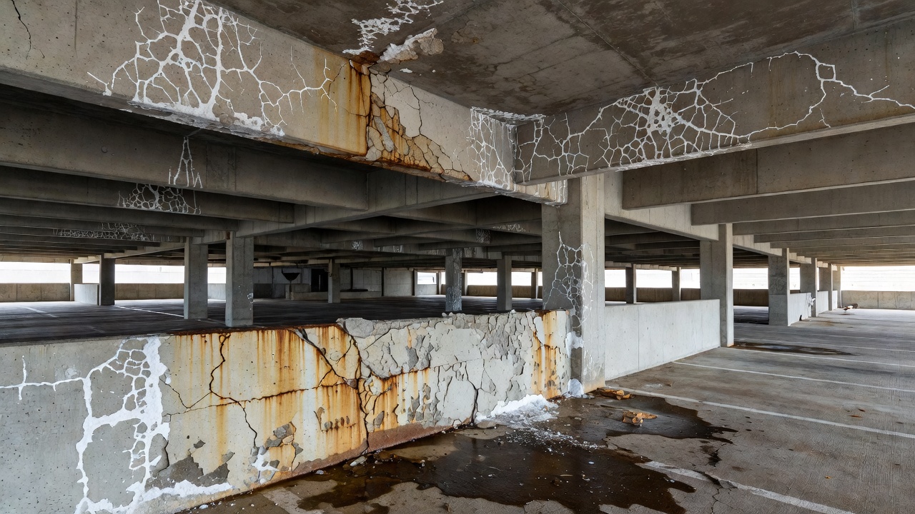 Structure de parking en béton montrant des dégâts d'eau et des taches de chlorure sur les colonnes et le plafond en béton armé